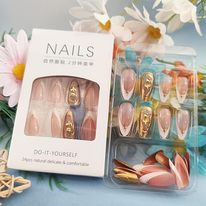 3D Rose Flower Press on Nails 24Pcs Stars Press ons Fingernails Curve Line Gel Glue on Acrylic Fake Nails Glossy Gold Medium Almond False Nail French Tips Stick on Nail for Holiday Manicure Art