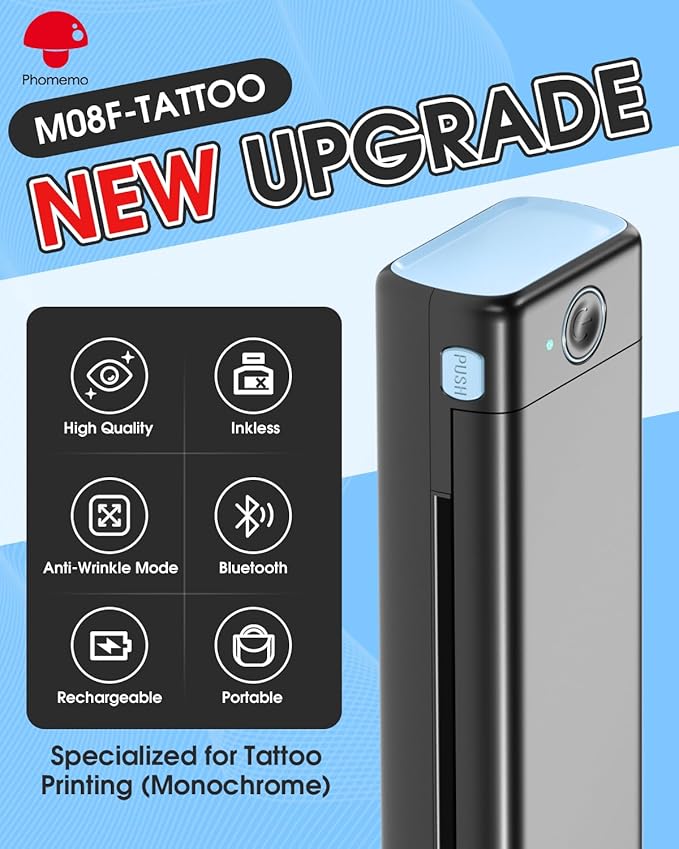 Phomemo M08F Upgraded Tattoo Stencil Printer, Thermal Stencil Printer with 10pcs Transfer Paper, Tattoo Supplies for Artists & Beginners, Compatible with Phone, Tablet & PC, Black & Blue