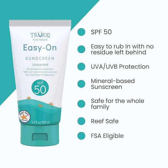 TruKid Easy On Mineral Sunscreen SPF 50 - Kids & Baby Sunscreen for Face & Body, Sunblock Protection for Sensitive Skin, Unscented, 3.4oz