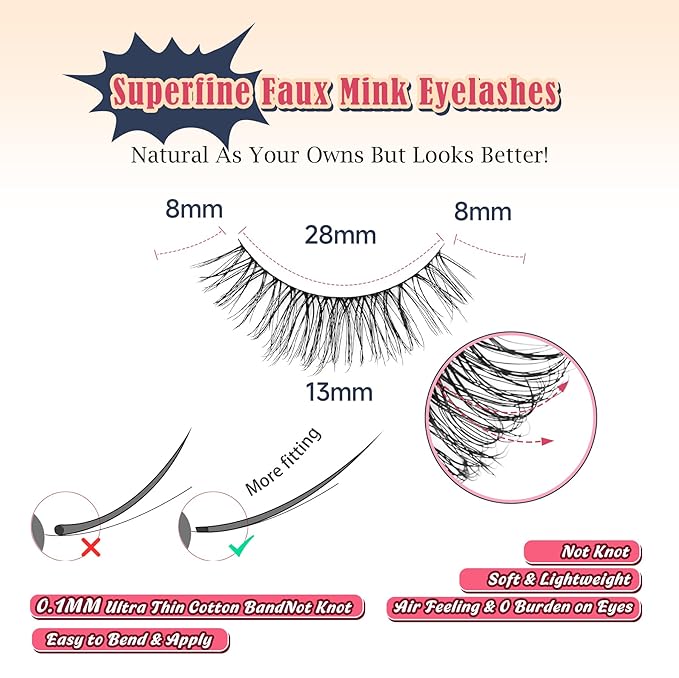Eyelashes Natural Look 13MM False Lashes 3D Volume Strip Lashes Pack with Memory Band C Curl Fake Eyelashes Wispy Siligli Eye Lash 7 Pair