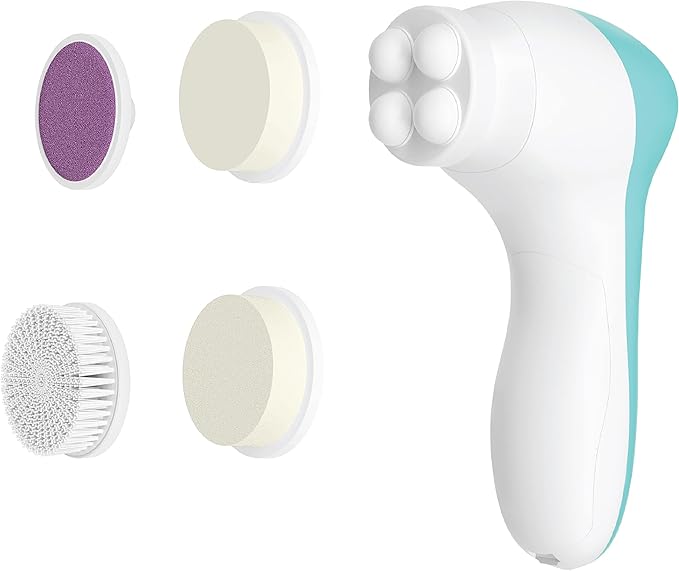 Bella Ciao 6-Piece Facial Cleansing and Exfoliating Set with Soft Facial Brush, Rolling Massager Head, Latex Sponge, Makeup Sponge, and Callus-Remover Disc, Batteries Not Included, Blue