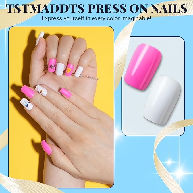 TsMADDTs Medium Square Press on Nails, 720PCS Fake Nails with Glue, Files, Sticker, Tweezer for Women Home Art DIY