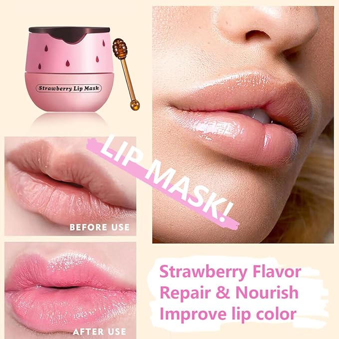 Strawberry Lip Balm, Honey Apple Watermelon Lip Mask Overnight, Moisturizing Lip Sleeping Mask, Vitamin E Lip Masks, Repairs And Prevents Chapped Lips (Strawberry）