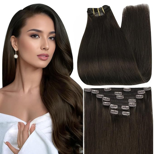 Full Shine Long Clip in Hair Extensions Brown Human Hair Clip in Extensions 22 Inch Straight Real Human Hair Dark Brown Hair Extension for Women 7 Pcs