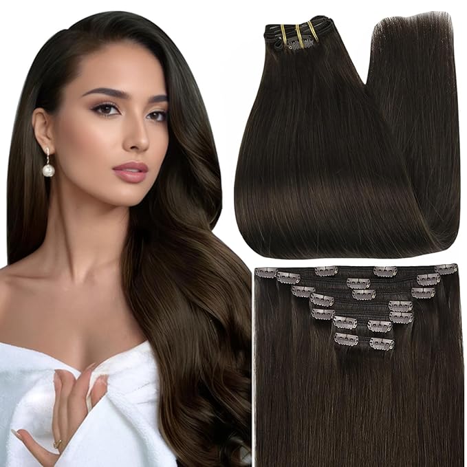 Full Shine Clip in Hair Extensions Real Human Hair Clip in Extensions Dark Brown Hair Extensions Clip ins Brunette Hair Triple Weft 7 Pcs 18 Inch 120 G