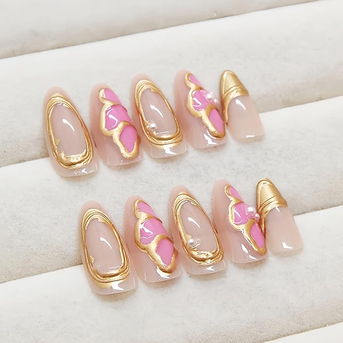 Flower Almond Press on Nails Medium Fake Nails with 3D Gold Line Pink Floral Designs Acrylic Nails Full Cover Stick on Nails Chrome Gold Line French Artificial Nails Glue on Nails for Women 24Pcs