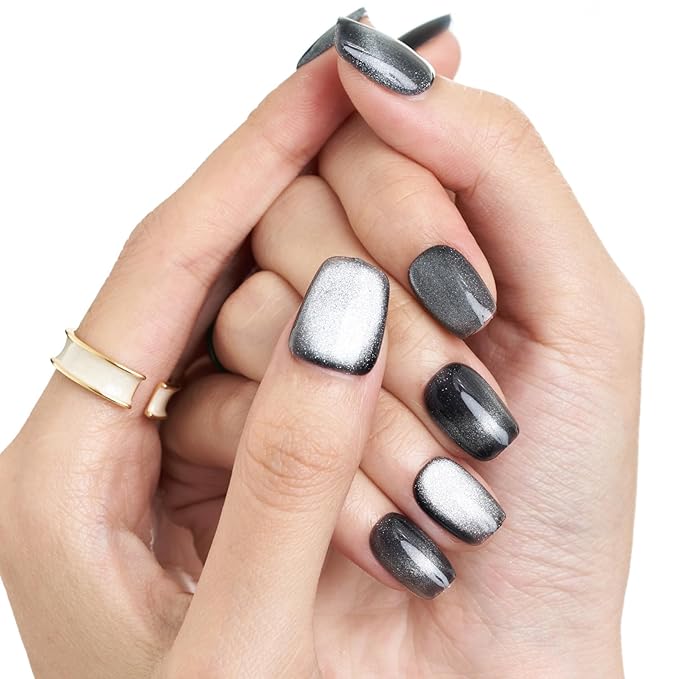 GLAMERMAID Press on Nail Extra Short Square, Winter Handmade Black French Tip Cat Eye Gel Glue on Nail, Glossy Fake Nails Reusable Acrylic False Nails Manicure Kits for Women