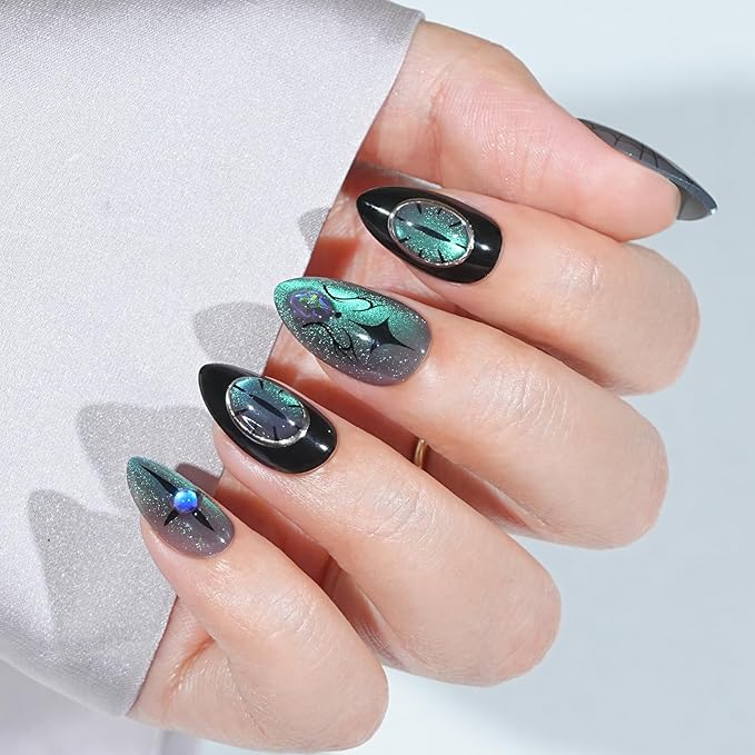 Press On Nails Halloween Almond - Spider Gem, Chameleon Cat Eye Effect Halloween Nails, Acrylic Square Short Halloween Fake Nails with Nail Glue, Stick On Nails in 16 Sizes - 32 PCS Soft Gel Kit