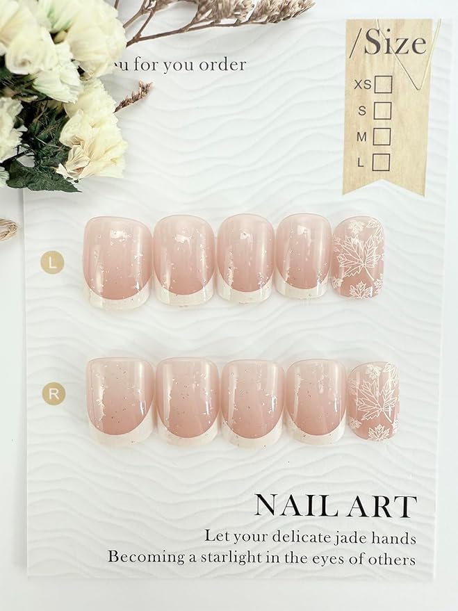 24Pcs Fall Press on Nails Short Square Fake Nail with White Autumn Maple Leaves Designs French Tip False Nail Glitter Pink Acrylic Nails Thanksgiving Glue on Nails for Women Daily Wear