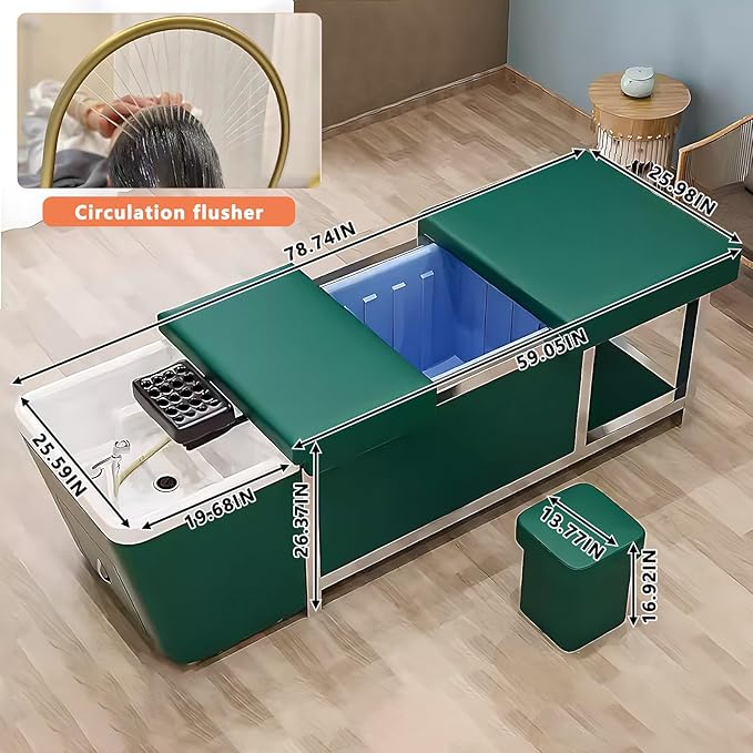 HHEvergreenEnsem Massage Shampoo Bed with Sink & Head Spa Equipment, No Plumbing Head SPA Bed Includes 24 gal Large Water Tank, Storage Space (with Stool, Green)