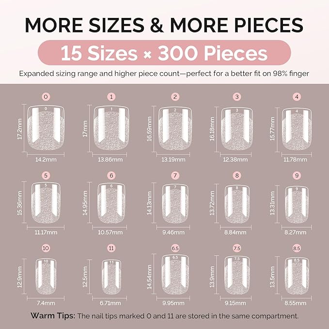 MelodySusie Short Square X Nail Tips - 300Pcs Clear Acrylic, Half Matte Full Cover Press on Nails for DIY Extension & Salon Use, 15 Sizes Pre-Shaped for Long-Lasting Manicure