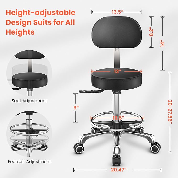 TASALON Professional Rolling Stool Chair, PU Leather Seat with Backrest,Height Adjustable, Swivel Metal Feet, Salon Spa Tattoo Massage Home Office Swivel Stool Chair Black