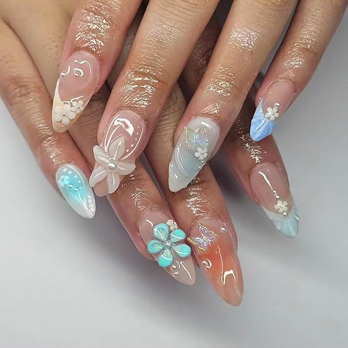 24Pcs Blue Flower Press on Nails Medium Almond Fake Nails with White Butterfly Rhinestones Design Hawaii False Nails Silver Pearl Stick on Nails Summer Full Cover Artificial Glue on Nails for Women