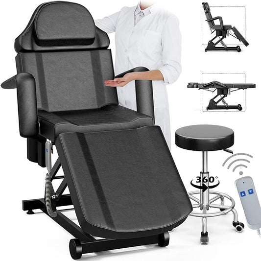 Icoget Electric Tattoo Chair Esthetician Bed and Stool, Lash Chair for Eyelash, Facial Bed Spa Massage Table for Beauty Microblading, Wax, Black