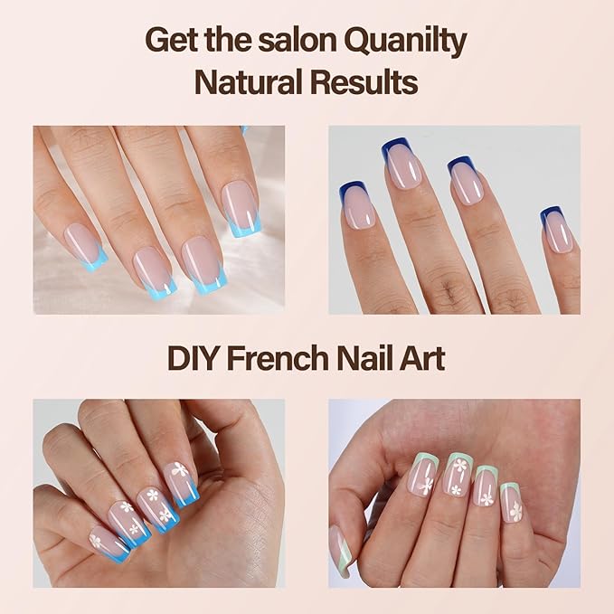 150Pcs French Gel Nail Tips, Vansiho Short Square Nail Tips, Blue Pre-French Tips Press on Nails, Soak Off Soft Gel Acrylic Fake Nails for Nail Art DIY 15 Sizes