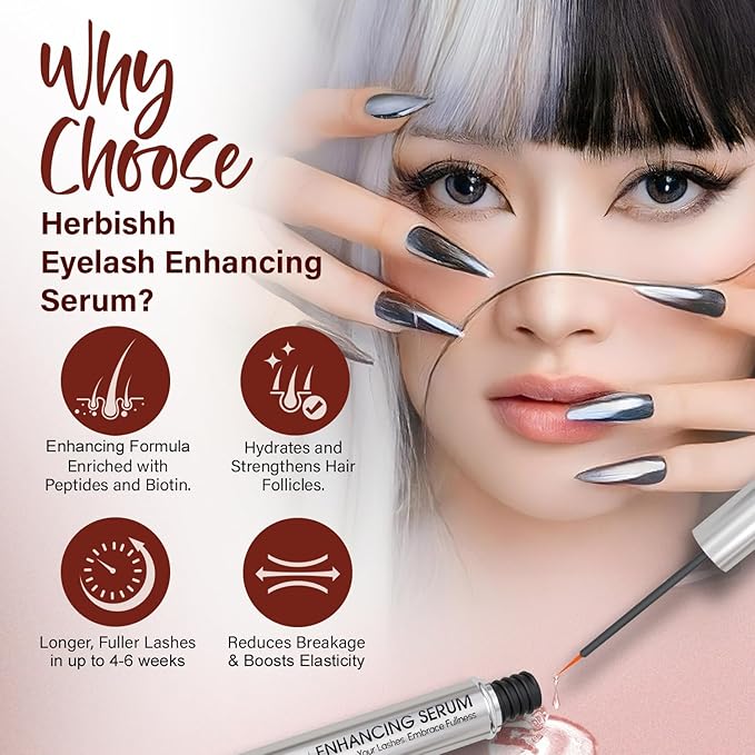 Herbishh Eyelash Enhancing Nourishing Serum for Longer, Thicker Lashes, Safe for Lash Extensions, Fragrance-Free Lash Serum, Sulfate-Free, Travel-Friendly, 0.135 fl. oz