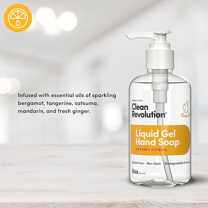 Clean Revolution Liquid Gel Hand Soap, Silky Rich Liquid, Quick Lather, Fast Rinsing, Contains Real Essential Oils (Dreamy Citrus) 8 Fl Oz