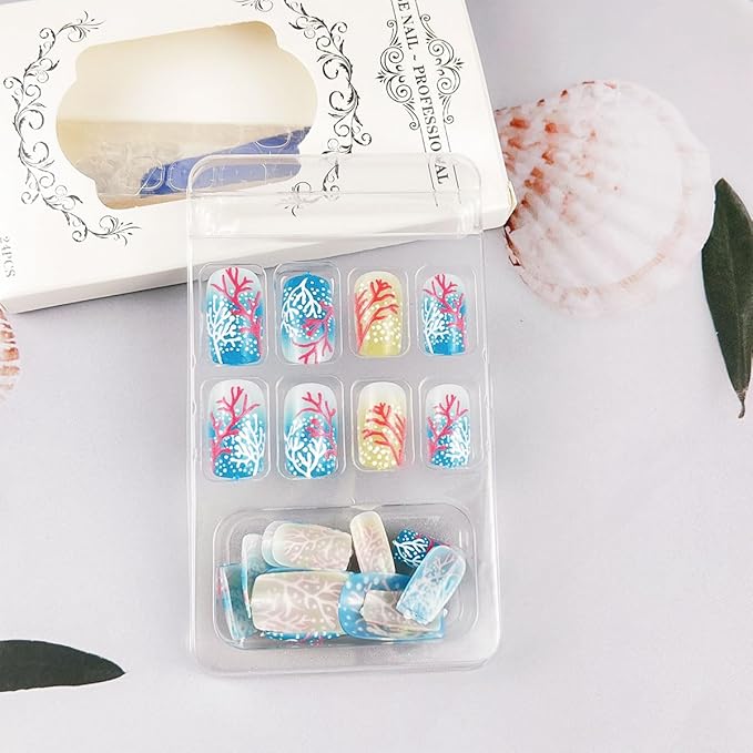Summer Press on Nails Medium Square Fake Nails Ocean False Nails Pink Coral White Polka Dots Blue Gradient Design Summer Full Cover Reusable Stick on Nail for Women Decoration Nail Art