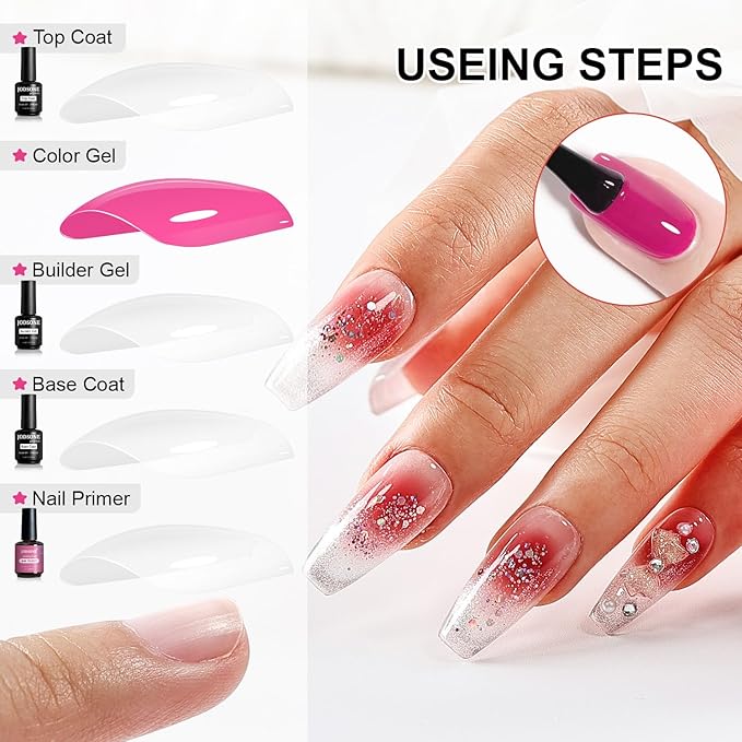 JODSONE 4 Bottles of 15ML Nail Primer Base Coat Top Coat and Builder Gel Which Helps Better Fit the Gel Polish