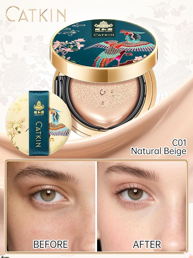 Catkin Phoenix Cushion Foundation Buildable Coverage Anti-Aging Serum Makeup, Sheer Satin Finish, Refill Included, Light Beige 0.46 Oz x 2, C01 NATURAL