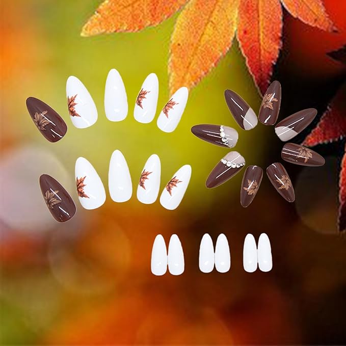 Thanksgiving Press on Nails 24Pcs Maple Leaves Medium Almond False Nail Rhinestones Gel Glue on Fingernails Glossy Brown French Stick on Nail Acrylic Full Cover Fake Nails for Holiday Manicure Art