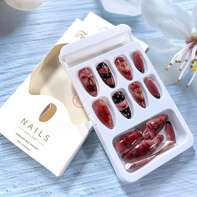 Press on Nails Almond Medium Cute Bow Cherry and Envelope Red Lips Pattern Design French Tip Acrylic False Nail Pink Artificial Fingernails Full Cover Glossy Artificial Stick on Nails for Women