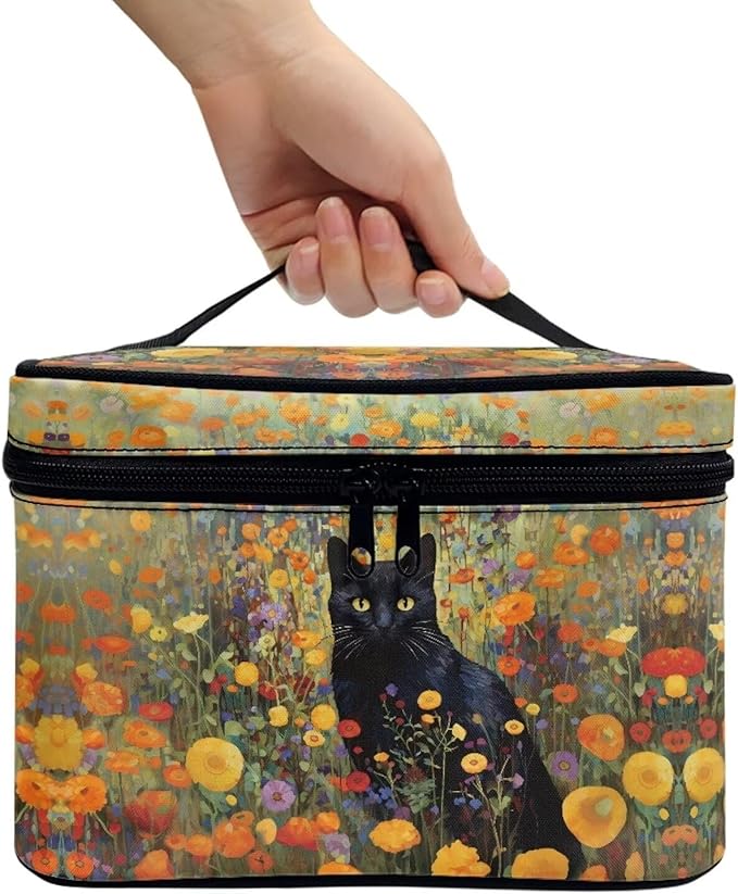Black Cat Vibrant Floral Pattern Travel Makeup Bags for Women Portable Tote Cosmetic Case with Carry Handle Toiletry Accessories Storage Organizer Bags