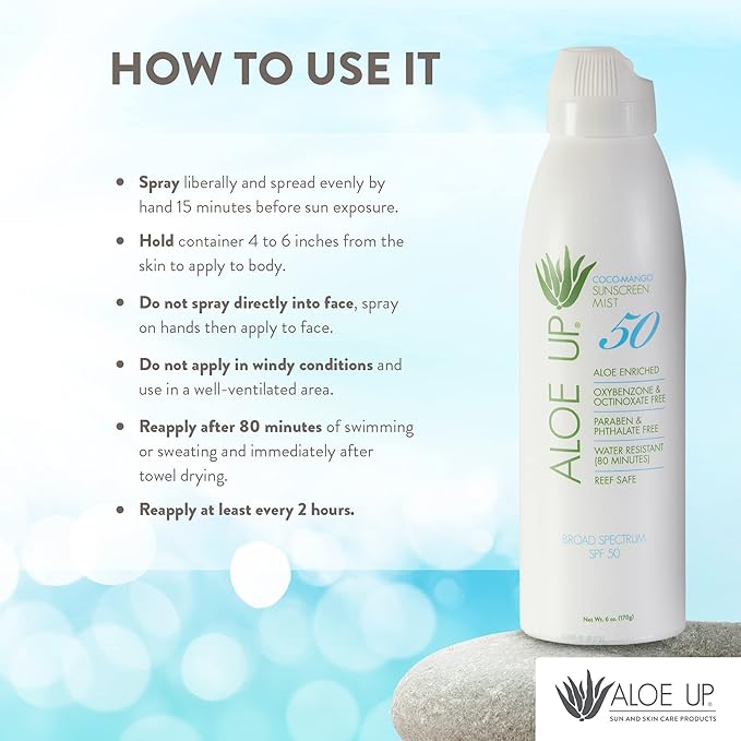 Aloe Up White Collection Continuous Sunscreen Spray SPF 50 Broad Spectrum UVA/UVB Sunscreen Protector for Face and Body with Moisturizing Aloe Vera Gel Reef Safe Coco Mango Fragrance 5.5 Fl. Oz