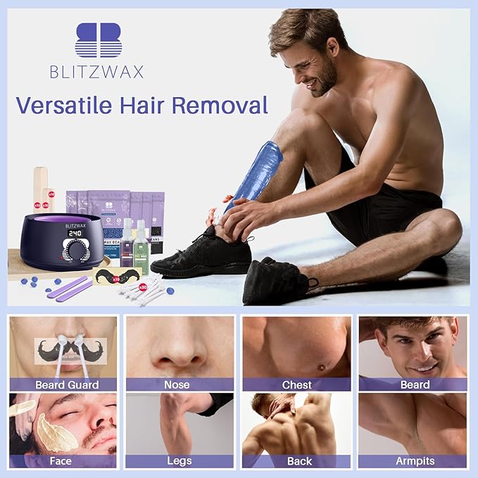 BLITZWAX Brazilian and Bikini Waxing Kit for Men, Hard Wax Warmer for Face, Legs, and Body, At Home Hair Removal Kit, Beginner Friendly, Quick Heating, 30 Nose Wax Sticks