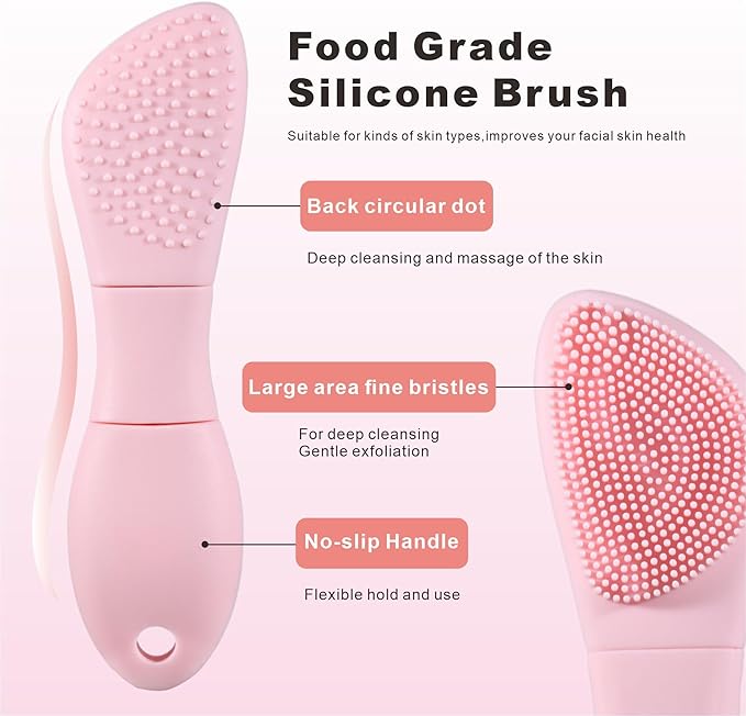 Silicone Face Scrubber Mask Applicator for Nourishing, Pore Deep Cleaning, Blackhead Remover & Exfoliator -No-Slip Long Handle, Gentle Face Massage,Daily Skin Care Tool for Women & Men (Pink)