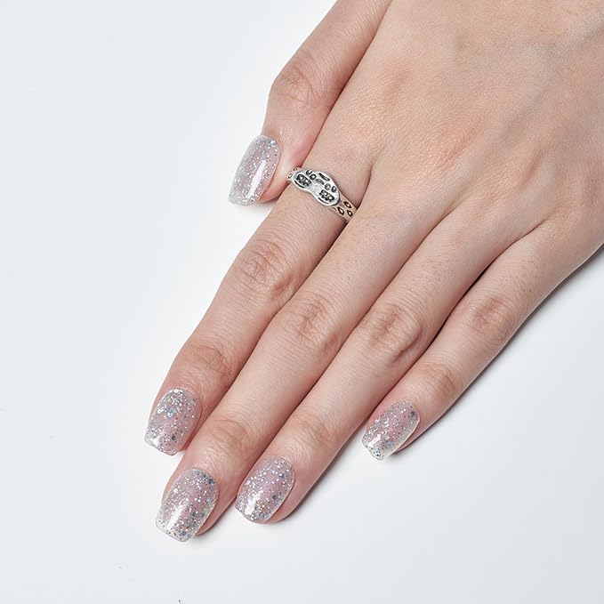 GLAMERMAID Press on Nails Extra Short Square, Spring Summer Handmade Glitter Silver Gel Glue on Nails, Glossy Fake Nails Reusable Acrylic False Nails Manicure Kits for Women