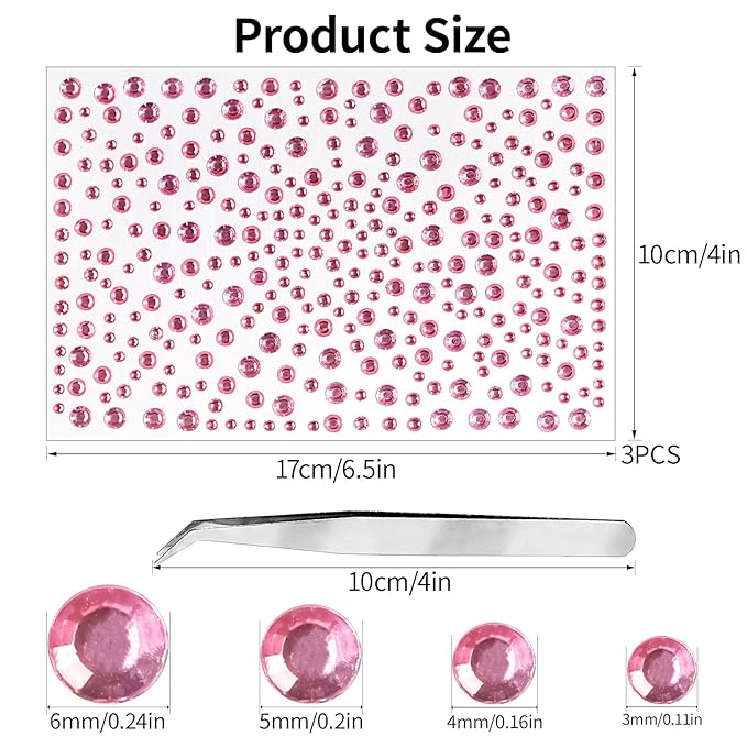 975Pcs Face Gems Hair Gems, Self-Adhesive Face Jewels Eye Jewels Rhinestones 3/4/5/6 mm DIY Face Gems Stick on, Hair Body Rhinestones Gems Crystals Pearls for Face Makeup, Crafts (gem_Pink)