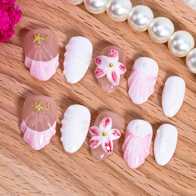 10Pcs Summer Flower Press on Nails Short Almond Fake Nails Gold Shell Starfish Rhinestones Designs Full Cover Artificial Reusable Cute Handmade False Nails for Women Girls Acrylic Nails Accessories