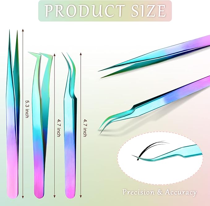 High Precision Lash Tweezers Set 6 Pack Stainless Steel Eyelash Extension Tweezers for Classic, Volume, Mega Volume Lashes, Facial Hair, Eyebrow, Hair Removal, Crafting Making(Rainbow)