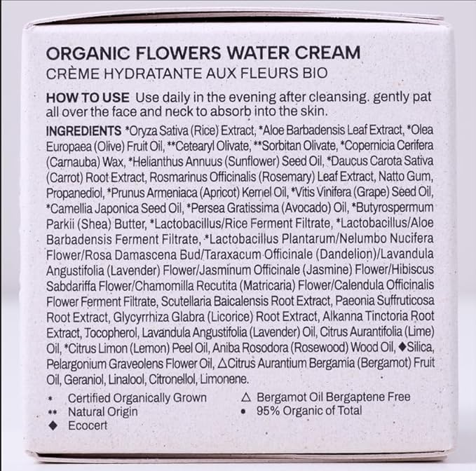 Whamisa Organic Flowers Water Cream, 95.2% Organic, Waterless Formula, Fermented Postbiotic for Deep Hydration & Soothing, Moisturizing (50ml)