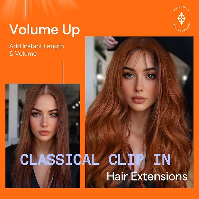 Full Shine Copper Clip in Hair Extensions Human Hair 16 Inch Copper Brown Hair Extensions Clip ins for Fine Hair 7 Pcs 120 G