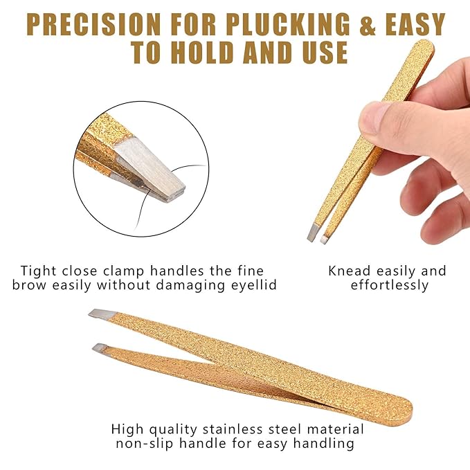 Eyebrow Tweezer Set, 4 Pcs Professional Stainless Steel Tweezers for Women, Precision Tweezer for Facial Hair, Splinter and Ingrown Hair Removal（Glod）
