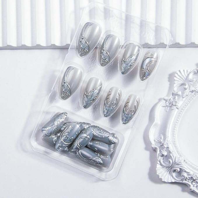 Silver Press on Nails Medium Almond Fake Nails Metal Chrome False Nails Gothic Stripes Line Acrylic Nails Reusable Artificial Nail 3D Full Cover Stick on Nail for Women Girls Manicure Art Decoration