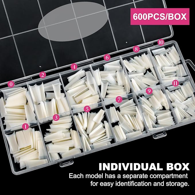 krofaue 1200PCS Coffin Nail Tips - Half Cover Nail Tips 12 Size False Nail Tips for Acrylic Nails Professional Manicure with Box for Artificial Fake Nail Tip Art Salon Home (Clear & Natural)