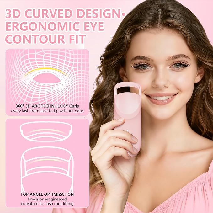 Heated Eyelash Curler, Electric Eyelash Curler with 2-Temp Modes & Type-C Charging, 8s Fast Heat 3s Style 24H Lift for Long-Lasting Natural Effortless Curls, Mini Heated Lash Curler for Women(Pink)