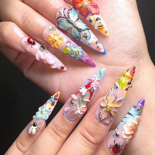 24Pcs Colorful Flowers Press on Nails Almond Medium Fake Nails Charms with 3D Relief Flower Design French Tip Press on Rhinestones Nails Full Cover Artificial Glue on Nails Cute False Nails for Women