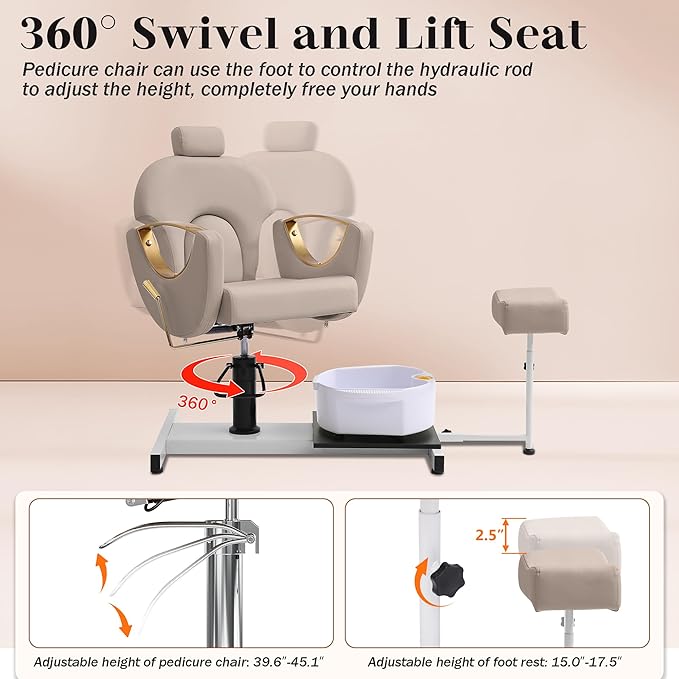 Pedicure Station No Plumbing, Hydraulic Pedicure Chair for Nail Tech, Height Adjustable Reclining Pedicure Station Unit, 360 Degree Swivel Foot Spa Chair with Massage Foot Bath (Grey-Golden)