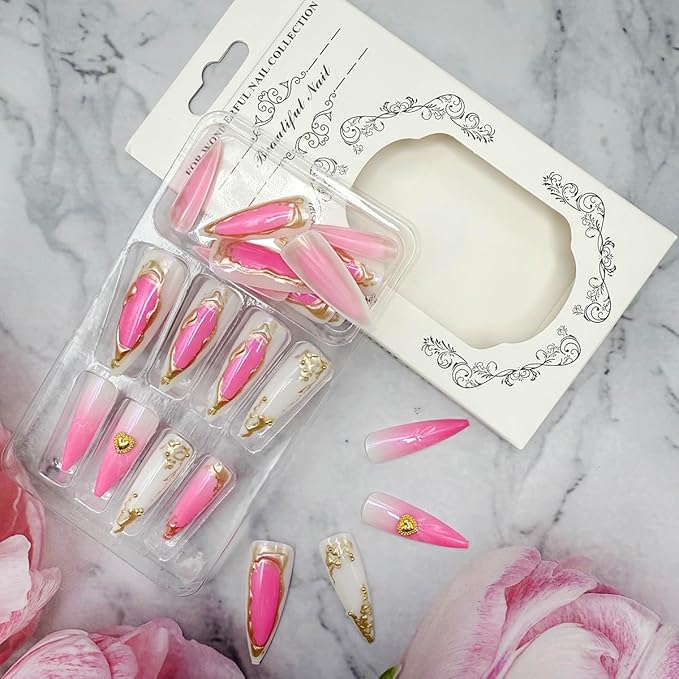 24Pcs Long Stiletto Press on Nails Pink White Gradient Fake Nails with Heart Rhinestones Designs 3d Gold Nail Tips False Nails Full Cover Glossy Artificial Glue on Nails for Women Manicure Decorations