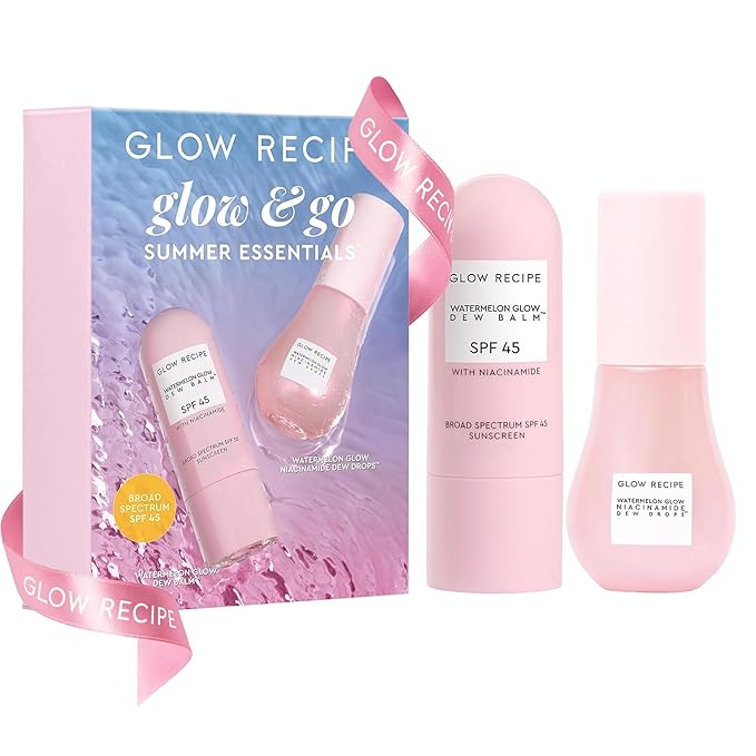 Glow Recipe Glow & Go Summer Makeup Prep Essentials Kit - Skincare Set with Full Size Korean Sunscreen with SPF 45 & Travel Size Niacinamide Dew Drops Face Serum (2 Count)