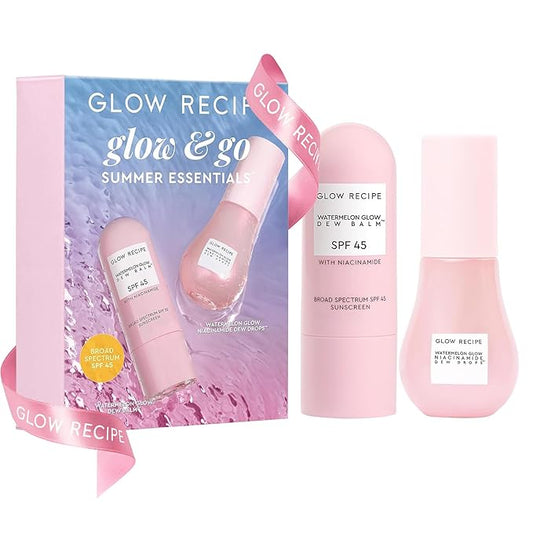 Glow Recipe Glow & Go Summer Makeup Prep Essentials Kit - Skincare Set with Full Size Korean Sunscreen with SPF 45 & Travel Size Niacinamide Dew Drops Face Serum (2 Count)