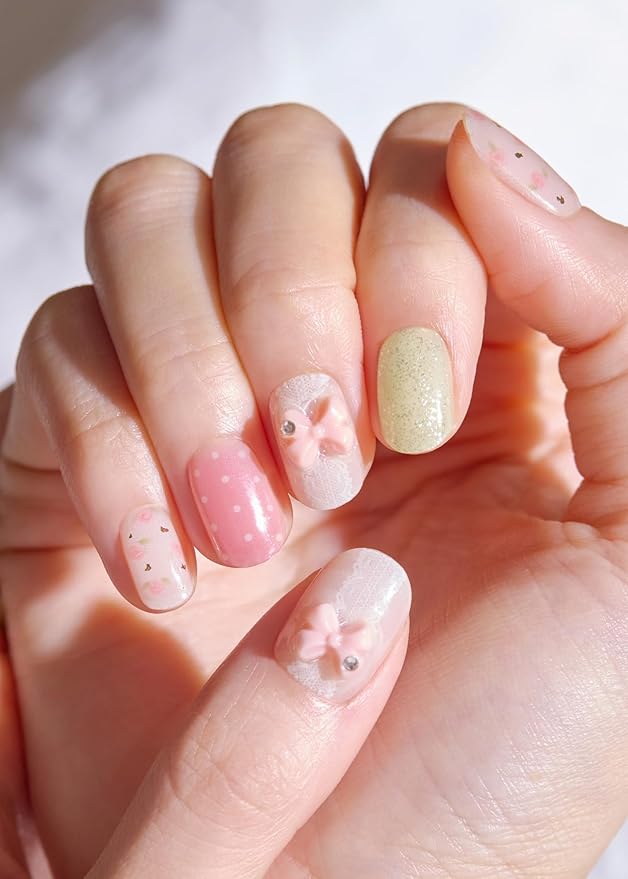 ohora Semi Cured Gel Nail Strips (N Bloom Bonbon) - Works with Any Nail Lamps, Salon-Quality, Long Lasting, Easy to Apply & Remove - Includes 2 Prep Pads, Nail File & Wooden Stick