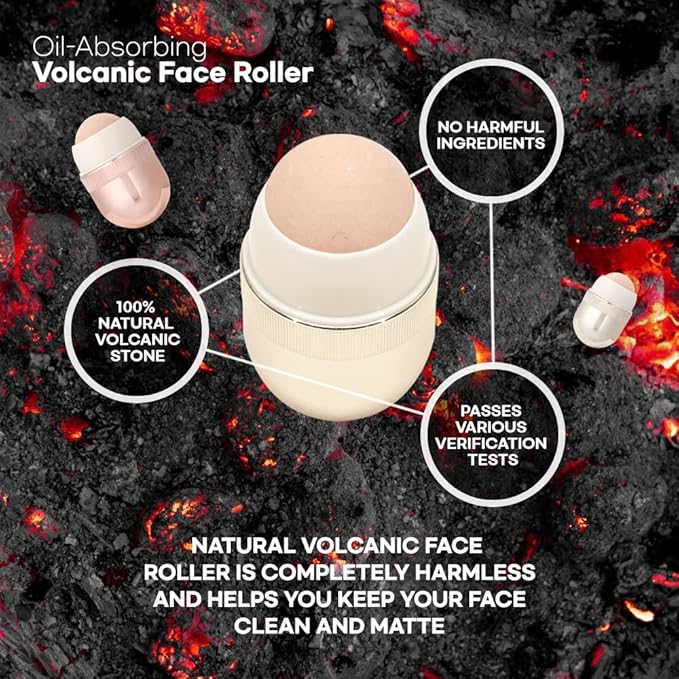 Korean Beauty Oil-Absorbing Volcanic Face Roller, Portable and Reusable Skincare Tool for Oily Skin, Shine Control, Oil Absorber tool for Face (Rose Gold)