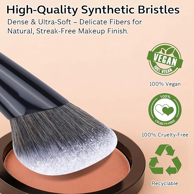 Dual-Ended Makeup Brush,Flat Top Foundation & Angled Contour Brush for Flawless Blending, Smooth Coverage & Effortless Contouring, Ideal for Foundation, Blush, Bronzer & Powder (White)