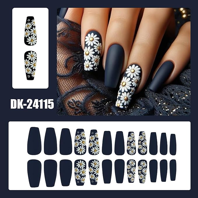 White Daisy Press on Nails Long Ballet Shaped Dark Blue Acrylic False Nail Full Cover Glossy Flower Stick on Nail Daisy Floral Pattern Design Artificial Fingernails 24Pcs DIY Glue on Nails for Women