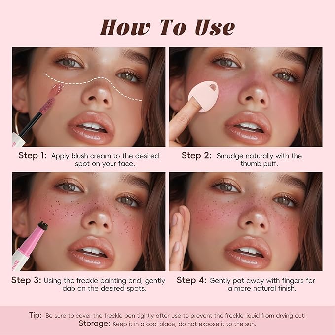 Freckle Blush Pen, 2in1 Light Brown Faux Freckle Stamp Pen Soft Pink Liquid Blush for Summer Sunkissed Makeup, Natural Lifelike Waterproof Long Lasting Quick Dry Fake Freck Tint Marker Pen01#